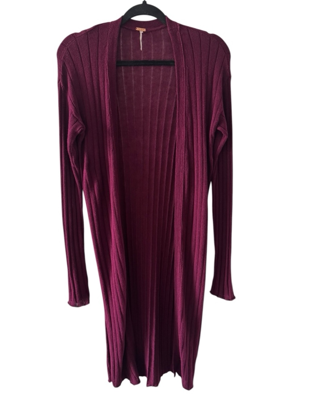 Free People Long Open-Front Ribbed Cardigan - Burgundy size M linen blend